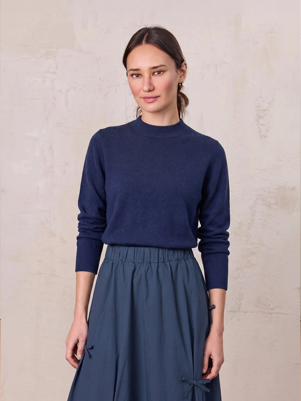 High Cuff Crew Sweater-Navy