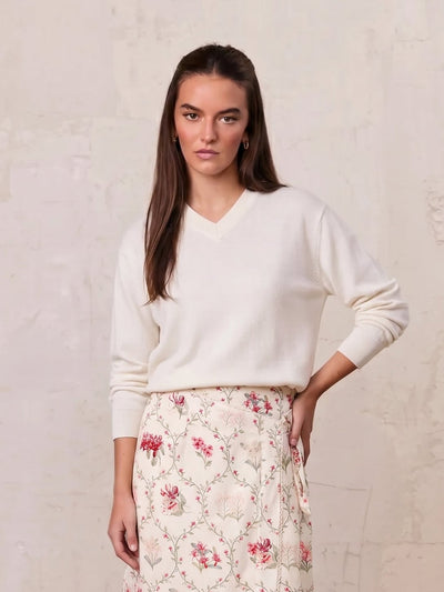 High V Lightweight Sweater-Ivory