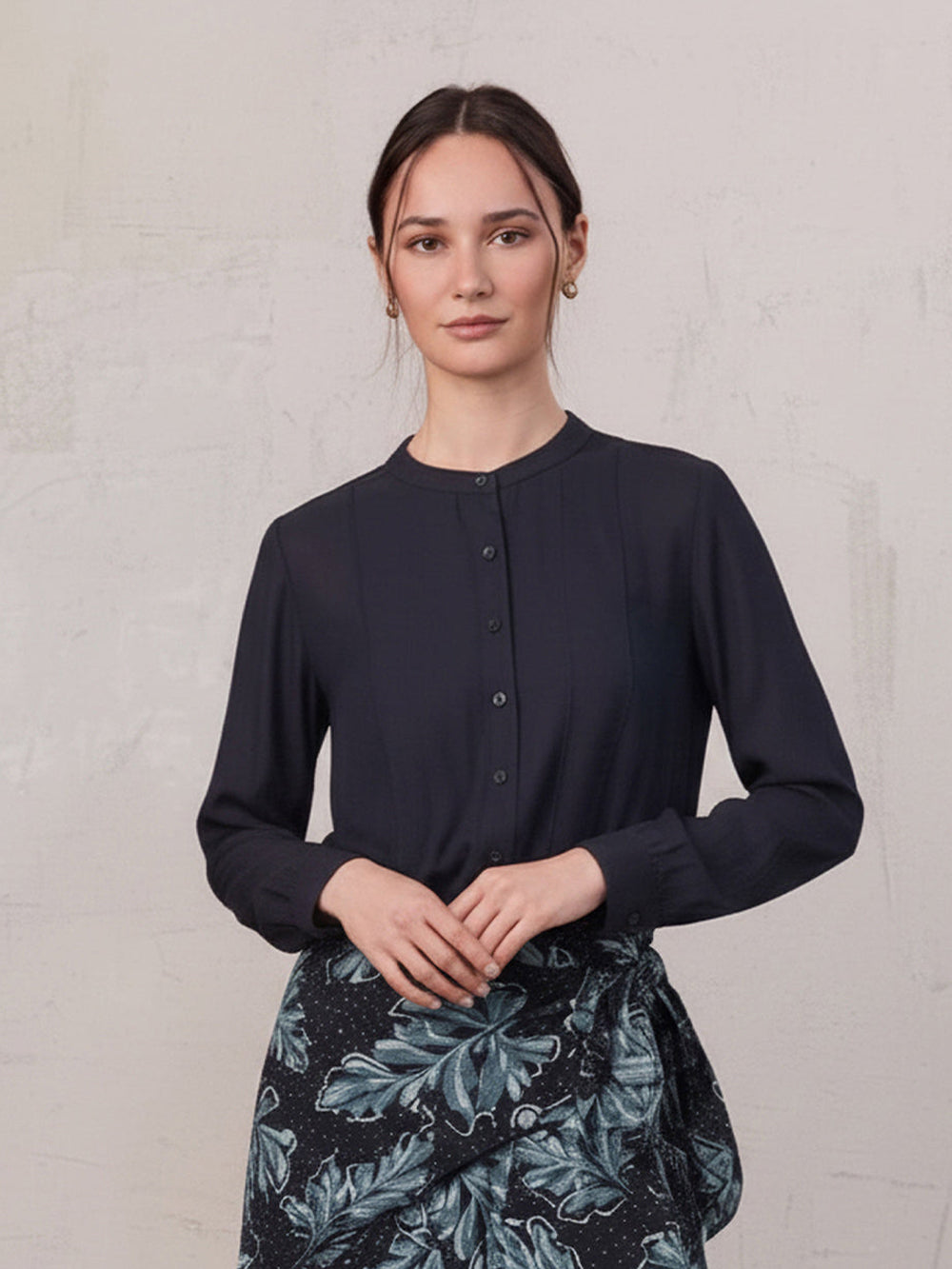 High V Neck Blouse-Navy