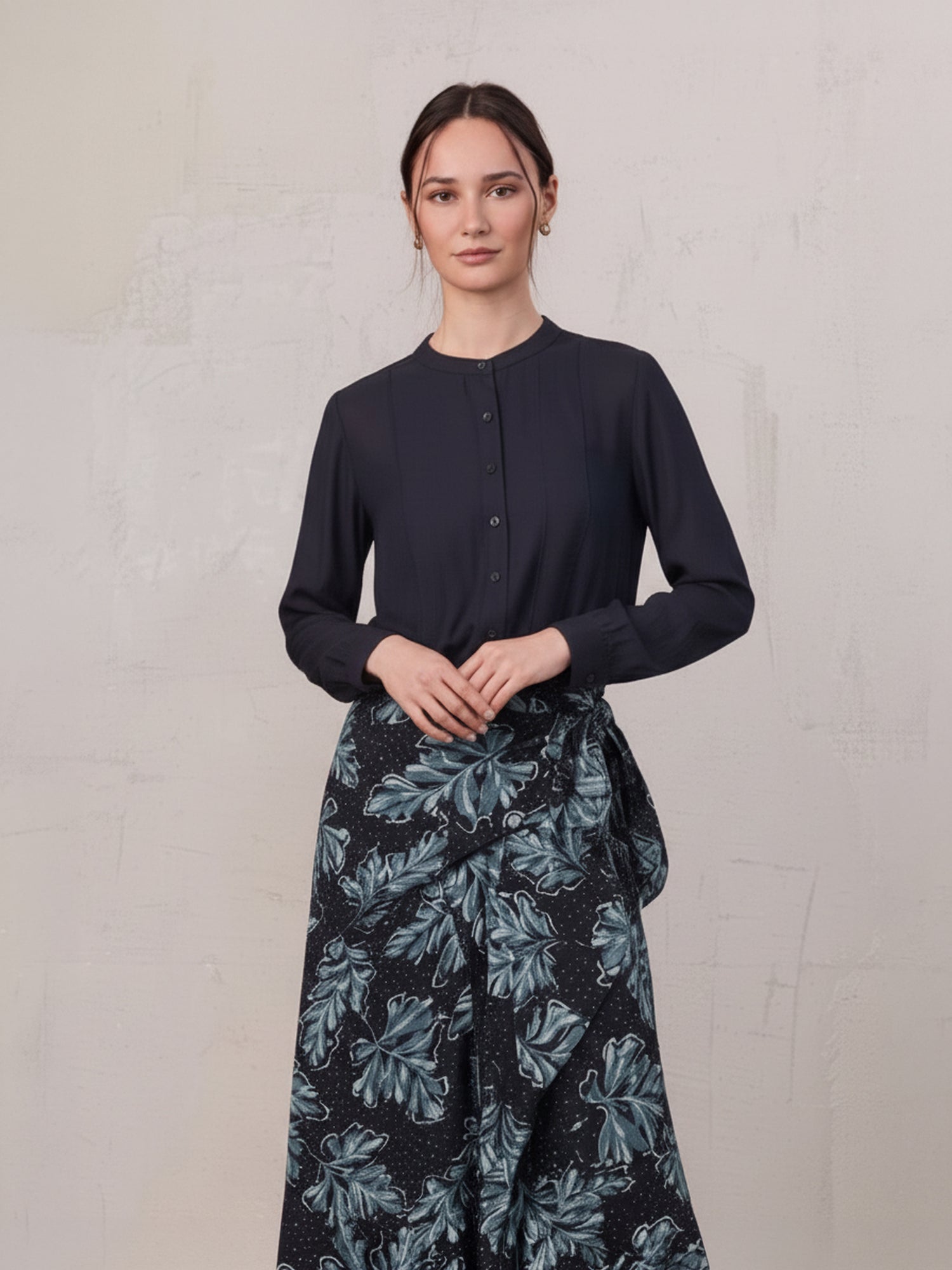 High V Neck Blouse-Navy