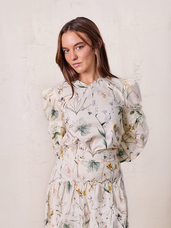 High V Puff Sleeve Top-Vintage Floral