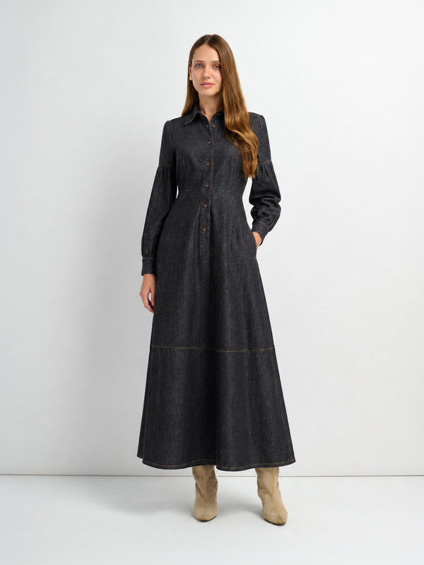 High Waisted Denim Dress - Black