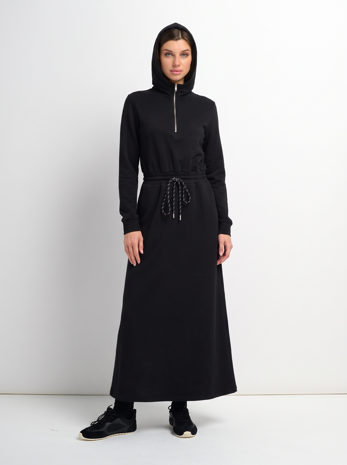 Hooded Sweatshirt Dress - Black