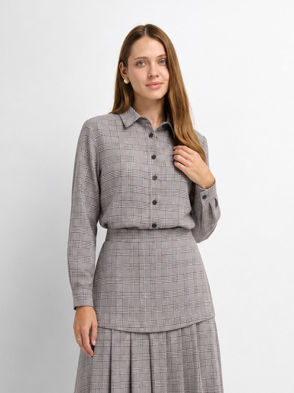 Houndstooth Button Down Blouse-Black/White