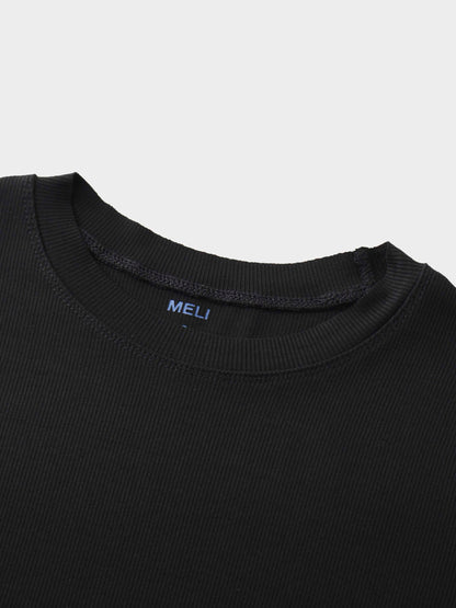 Rounded Hem Ribbed T-Shirt-Black