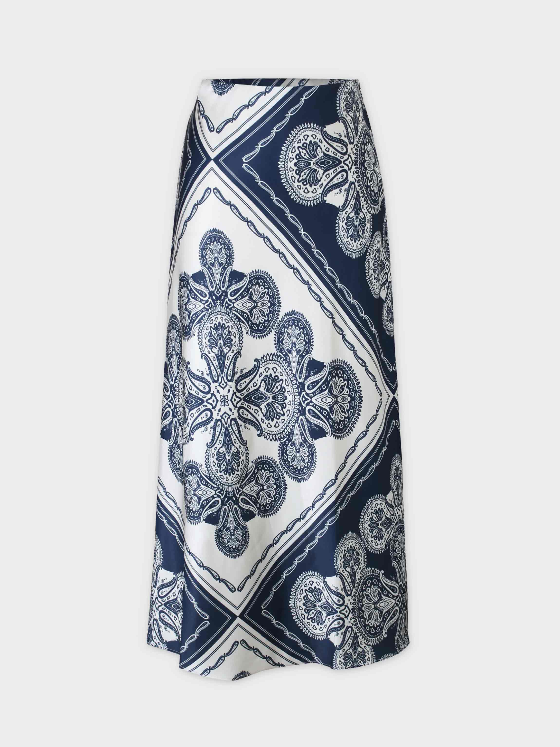 Printed Satin Slip Skirt-Blue Bandana