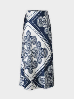 Printed Satin Slip Skirt-Blue Bandana
