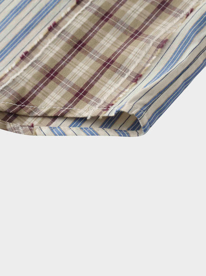 Mix Pinstripe Button Down Shirt-Tan/Blue Mix Media