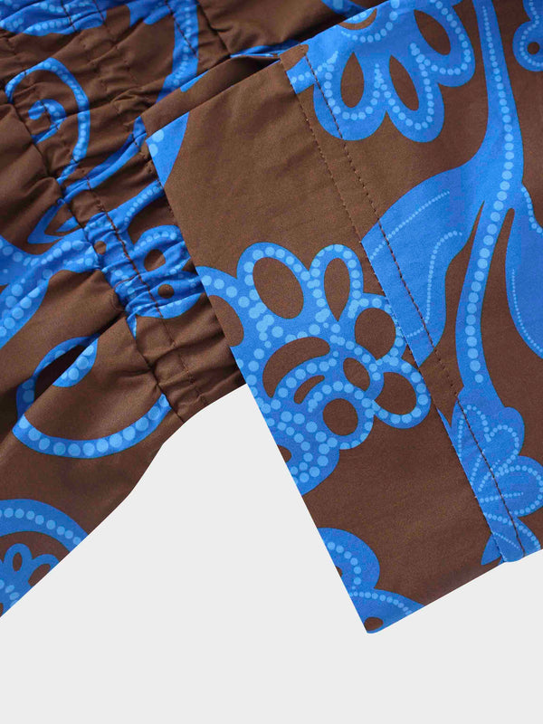 Elastic Waist Tiered Shirtdress-Brown/Blue Floral