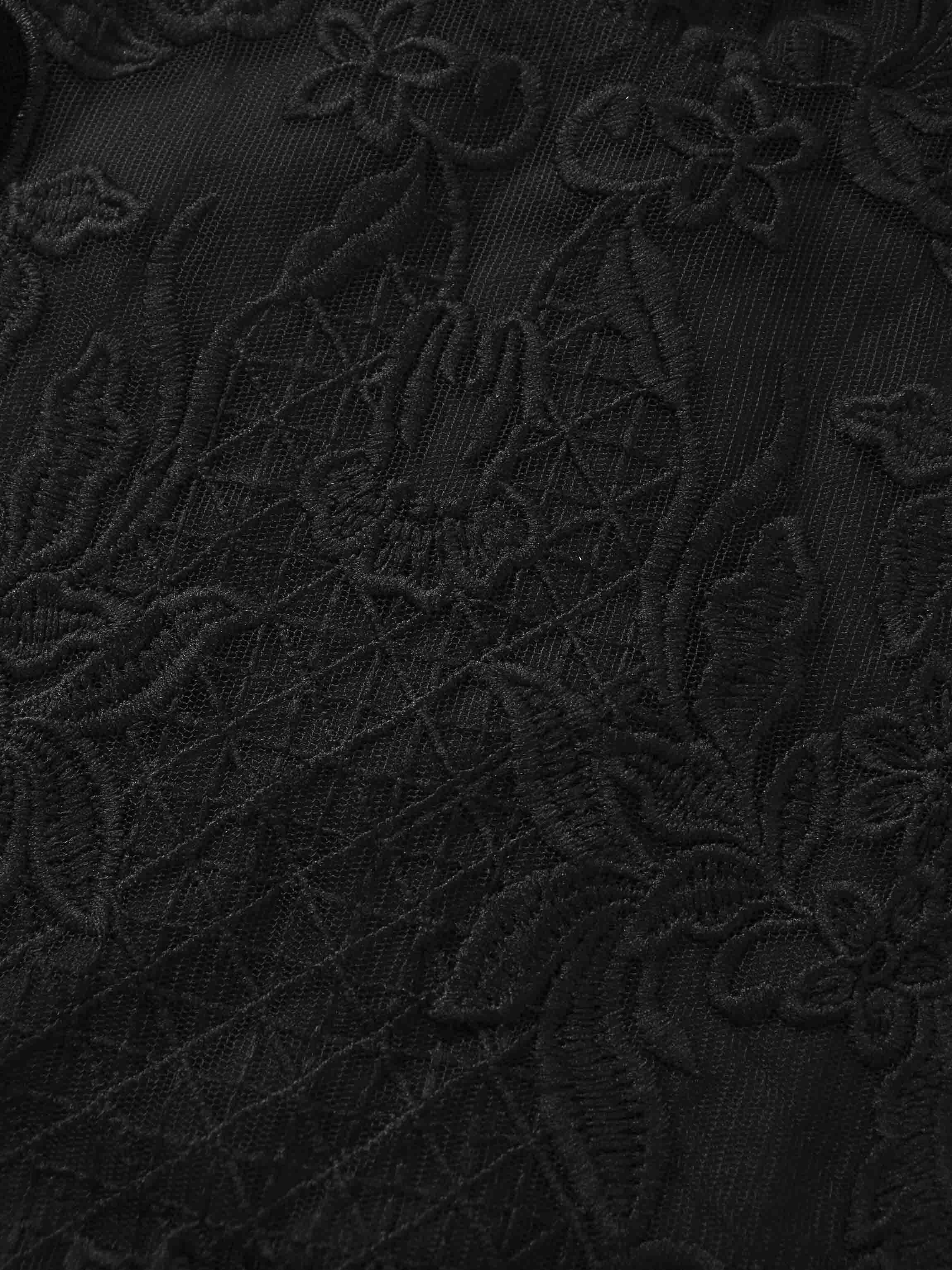 Lace Inlay Velvet Dress-Black