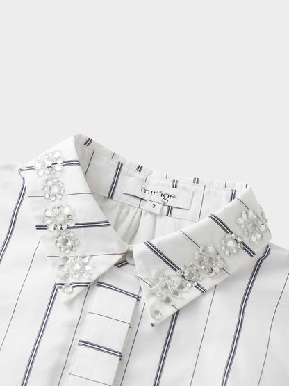 Jeweled Collar Belted Shirtdress-White Pinstripe