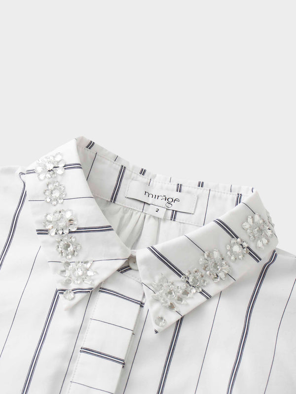 Jeweled Collar Belted Shirtdress-White Pinstripe