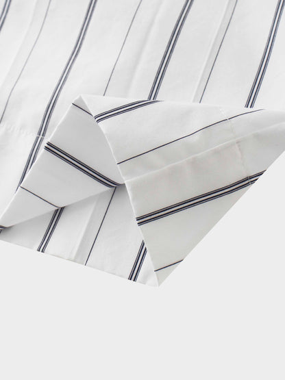 Jeweled Collar Belted Shirtdress-White Pinstripe
