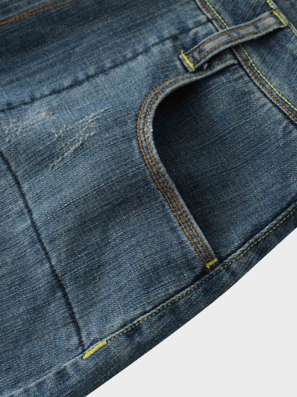 Front Kick Pleat Denim Skirt-Blue