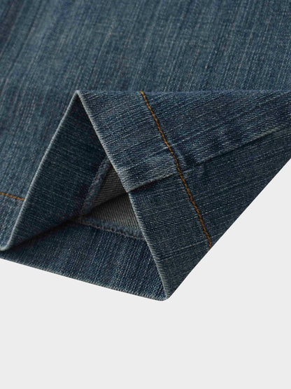 Front Kick Pleat Denim Skirt-Blue