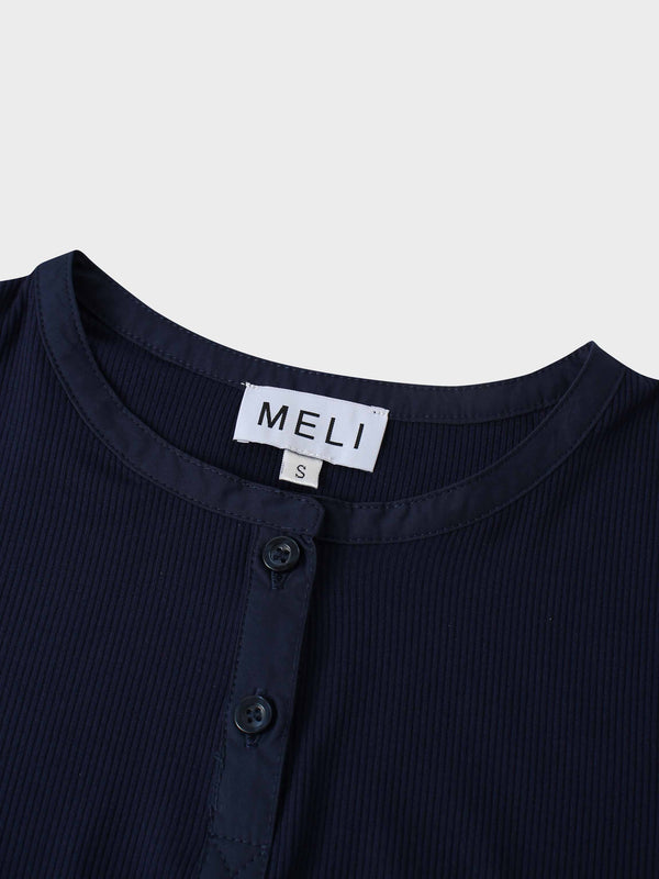 Puff Sleeve Ribbed T-Shirt-Navy