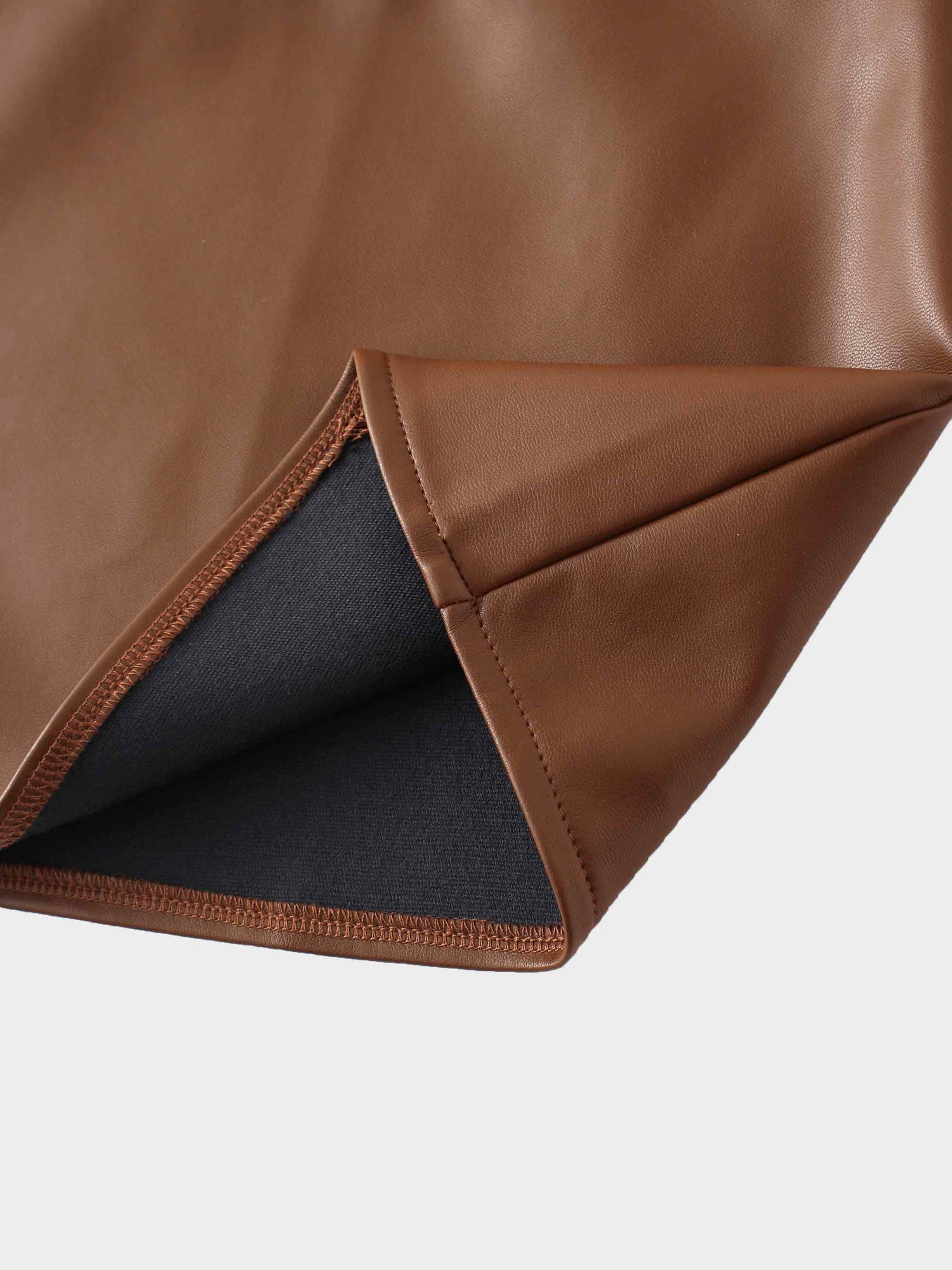 Short A-Line Seamed Faux Leather Skirt-Brown