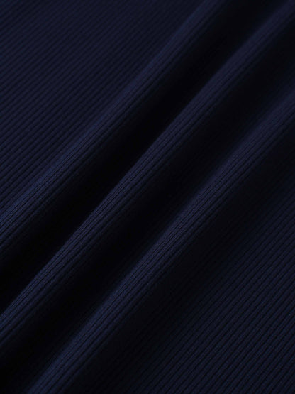 Puff Sleeve Ribbed T-Shirt-Navy