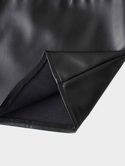 Short A-Line Seamed Faux Leather Skirt-Black
