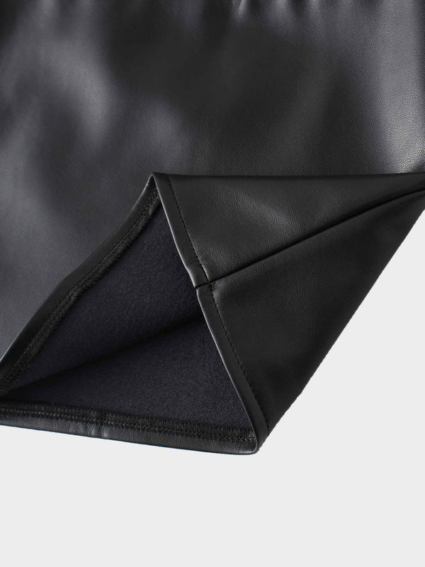 Short A-Line Seamed Faux Leather Skirt-Black