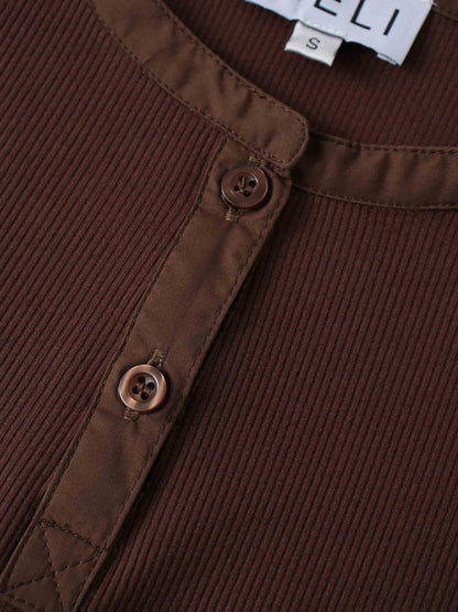 Puff Sleeve Ribbed T-Shirt-Brown