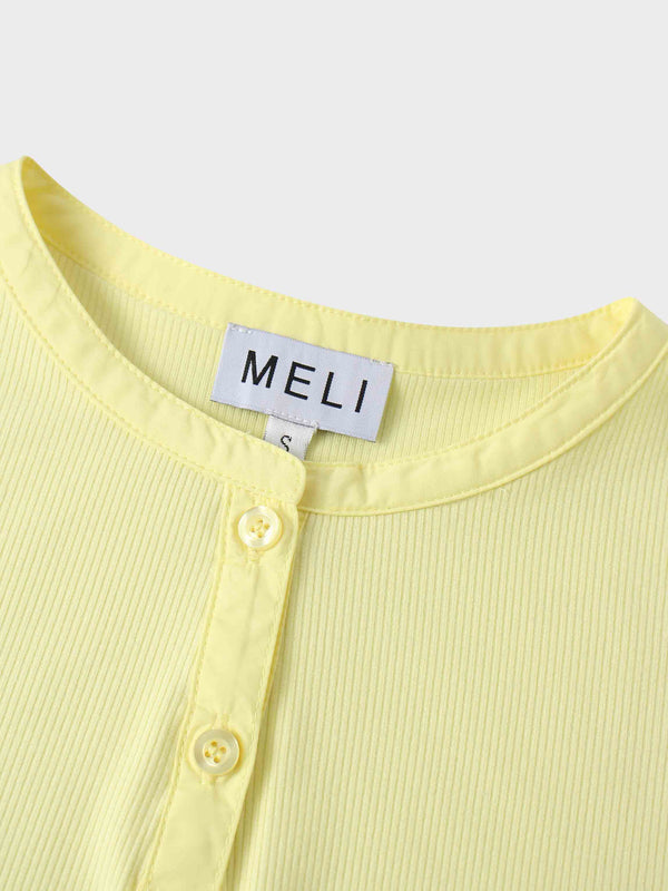 Puff Sleeve Ribbed T-Shirt-Pale Yellow