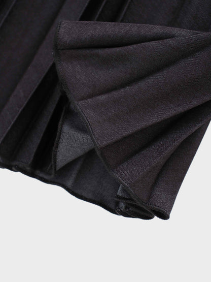 Thin Pleated Skirt-Black Denim