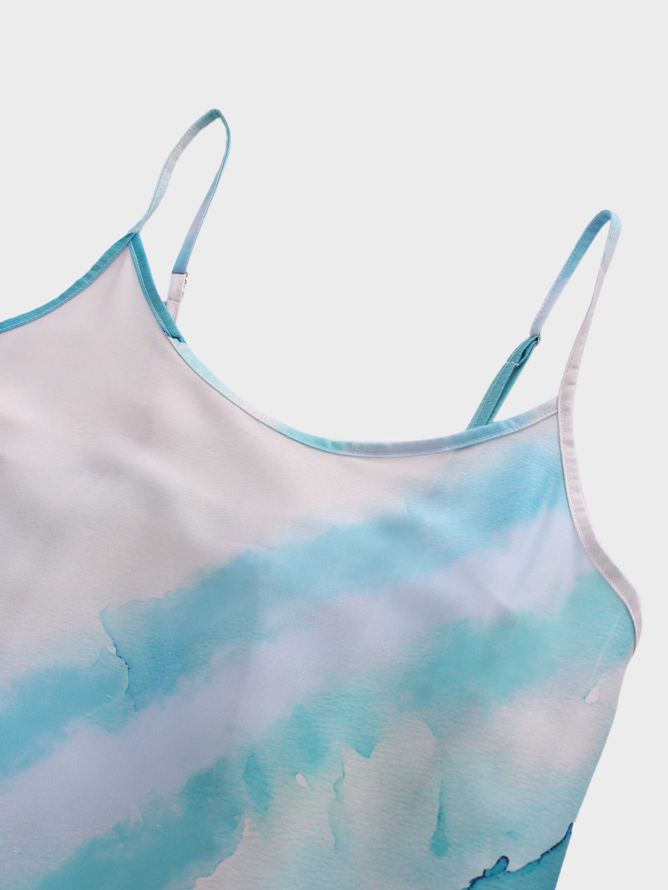 Printed Crew Neck Slip Dress-Blue Ombre