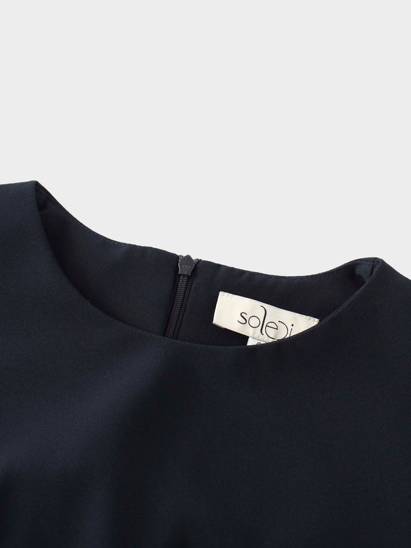 Faux Satin Crew Neck Slip Dress-Navy