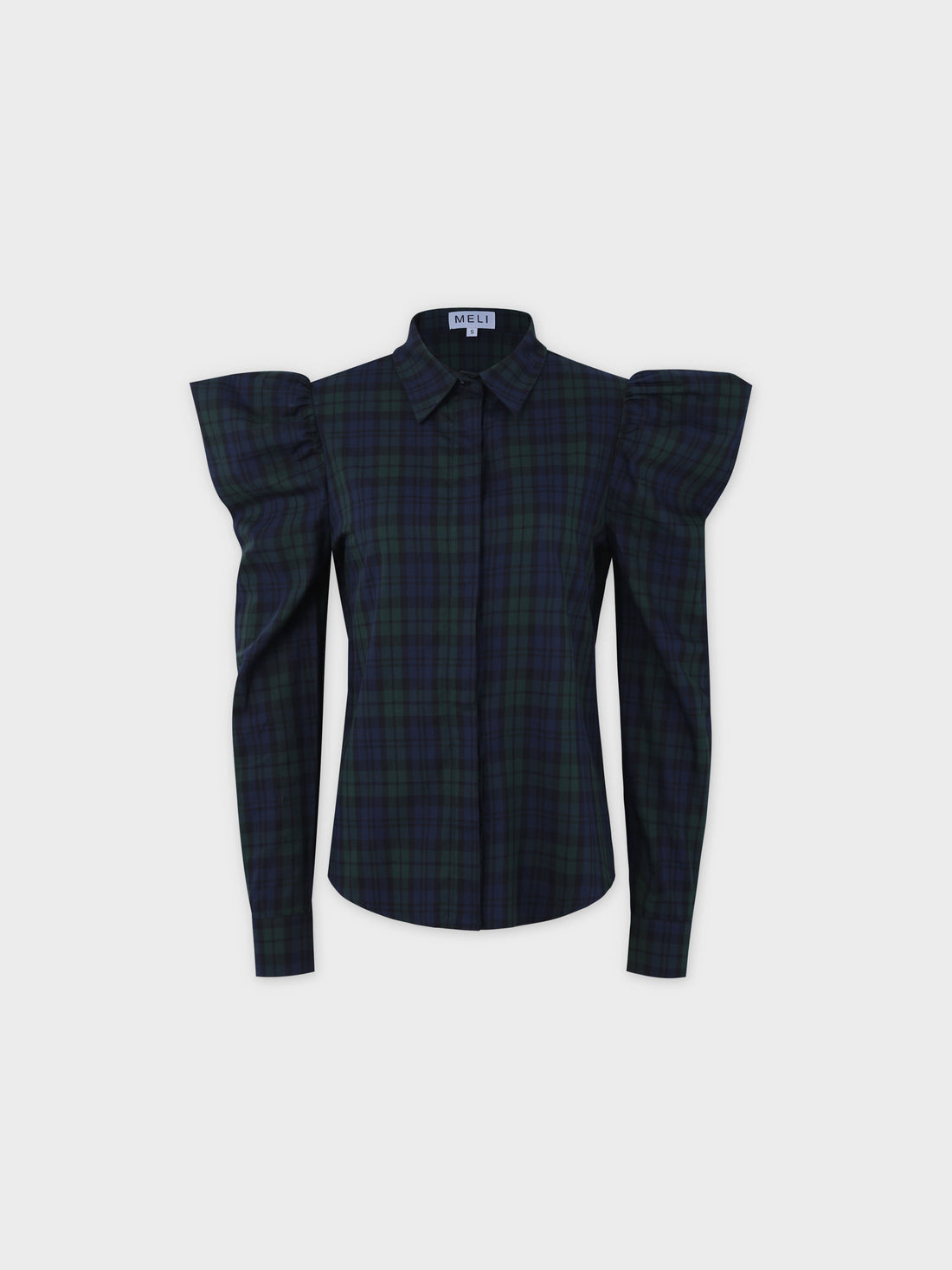 Puff Sleeve Blouse-Blue/Green Plaid