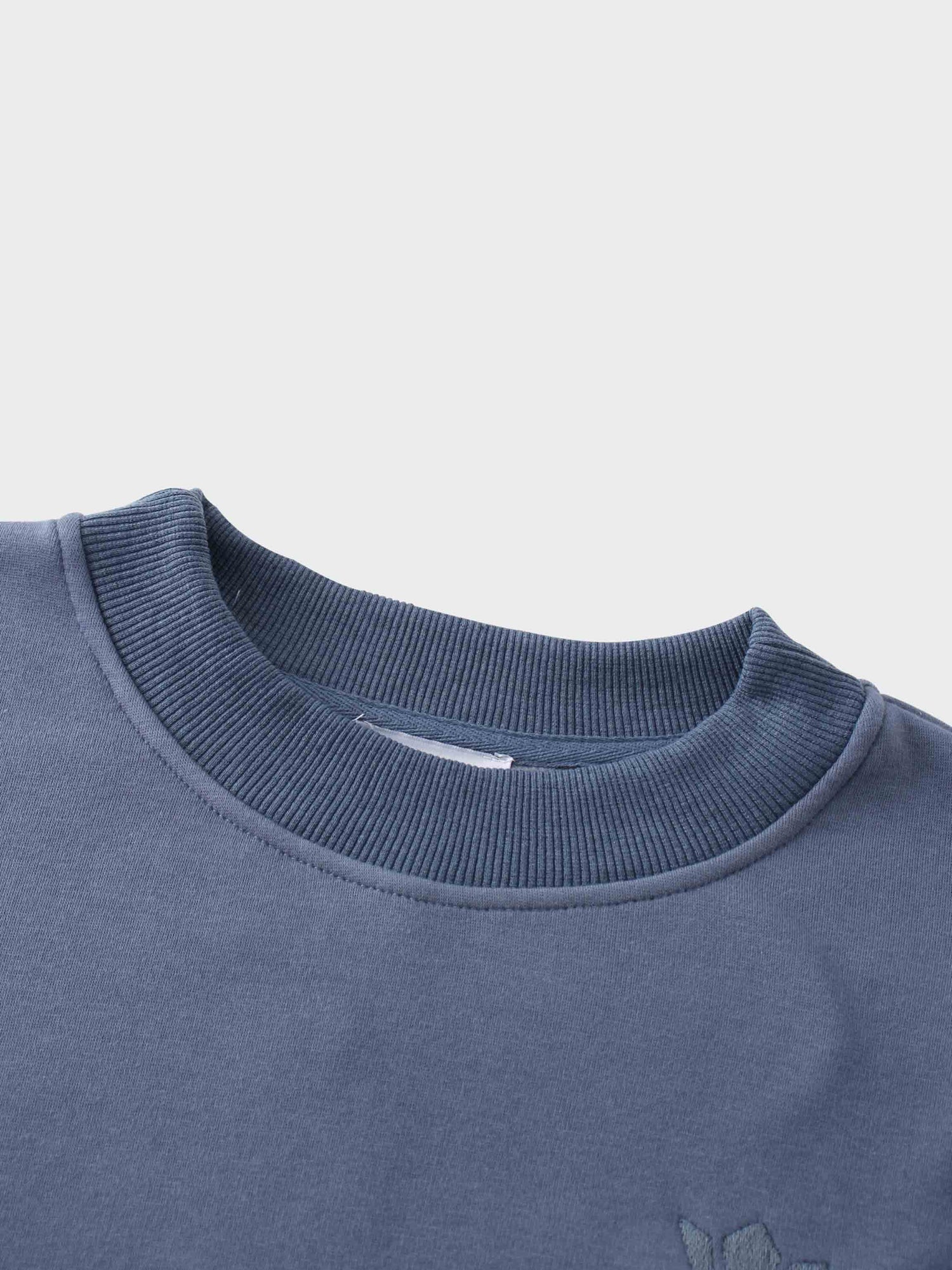 A close-up of the neck of the dusty-blue sweatshirt. It shows the thick, ribbed crewneck collar, a small, plain white tag inside, and the top of the embroidered logo on the chest area.