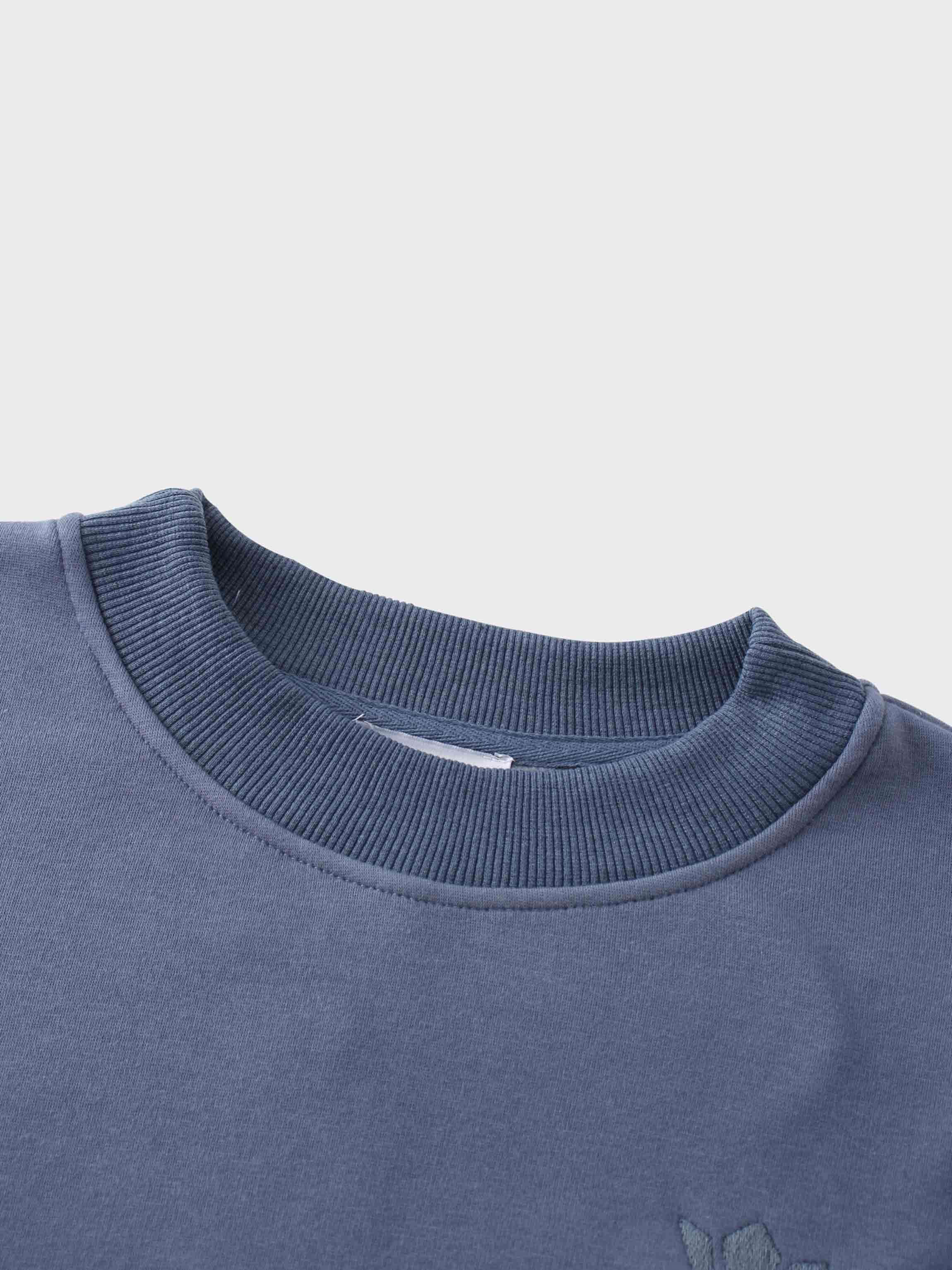 A close-up of the neck of the dusty-blue sweatshirt. It shows the thick, ribbed crewneck collar, a small, plain white tag inside, and the top of the embroidered logo on the chest area.