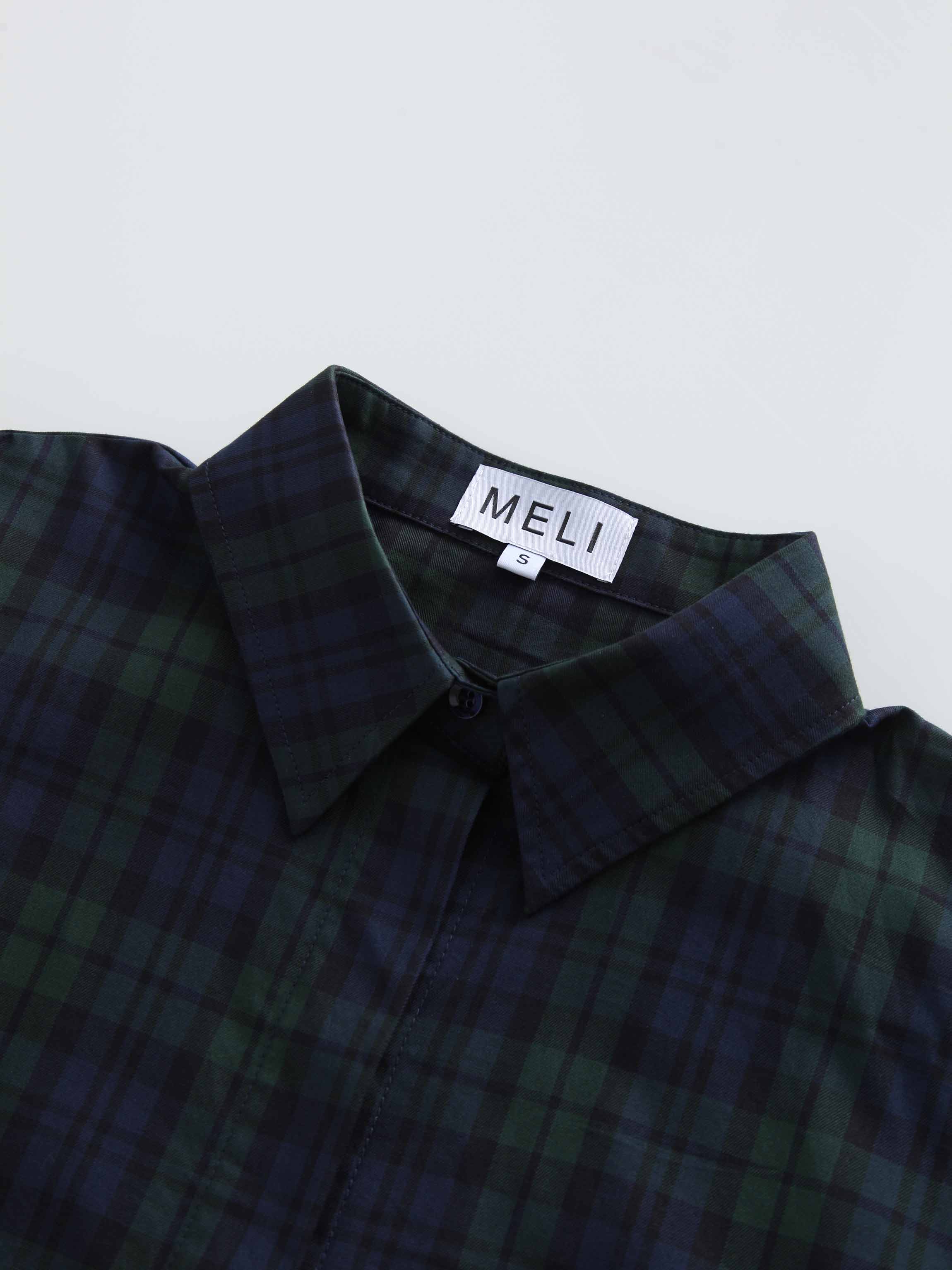 Puff Sleeve Blouse-Blue/Green Plaid