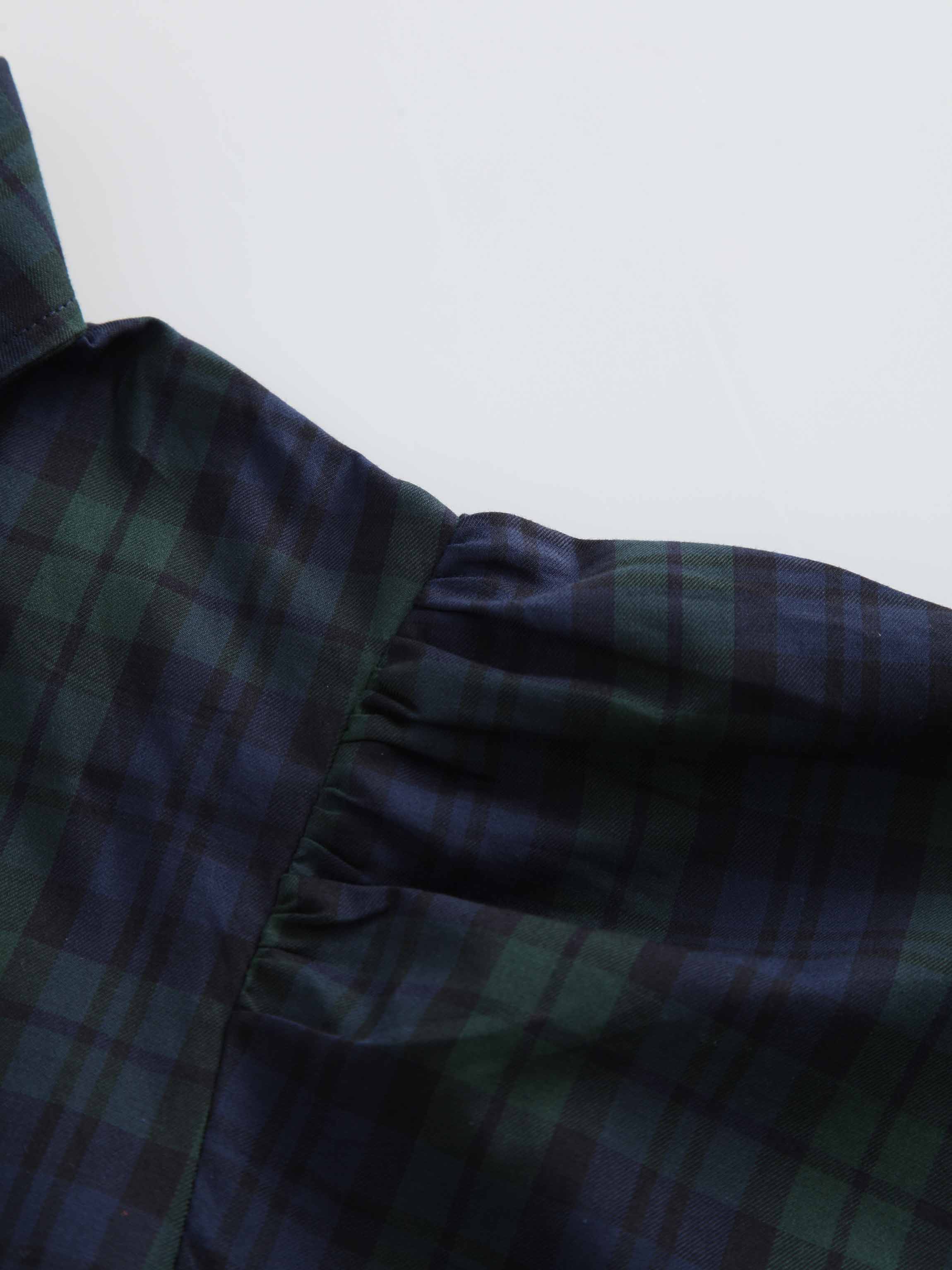 Puff Sleeve Blouse-Blue/Green Plaid