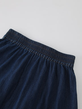 Gathered Waist Denim Skirt-Blue