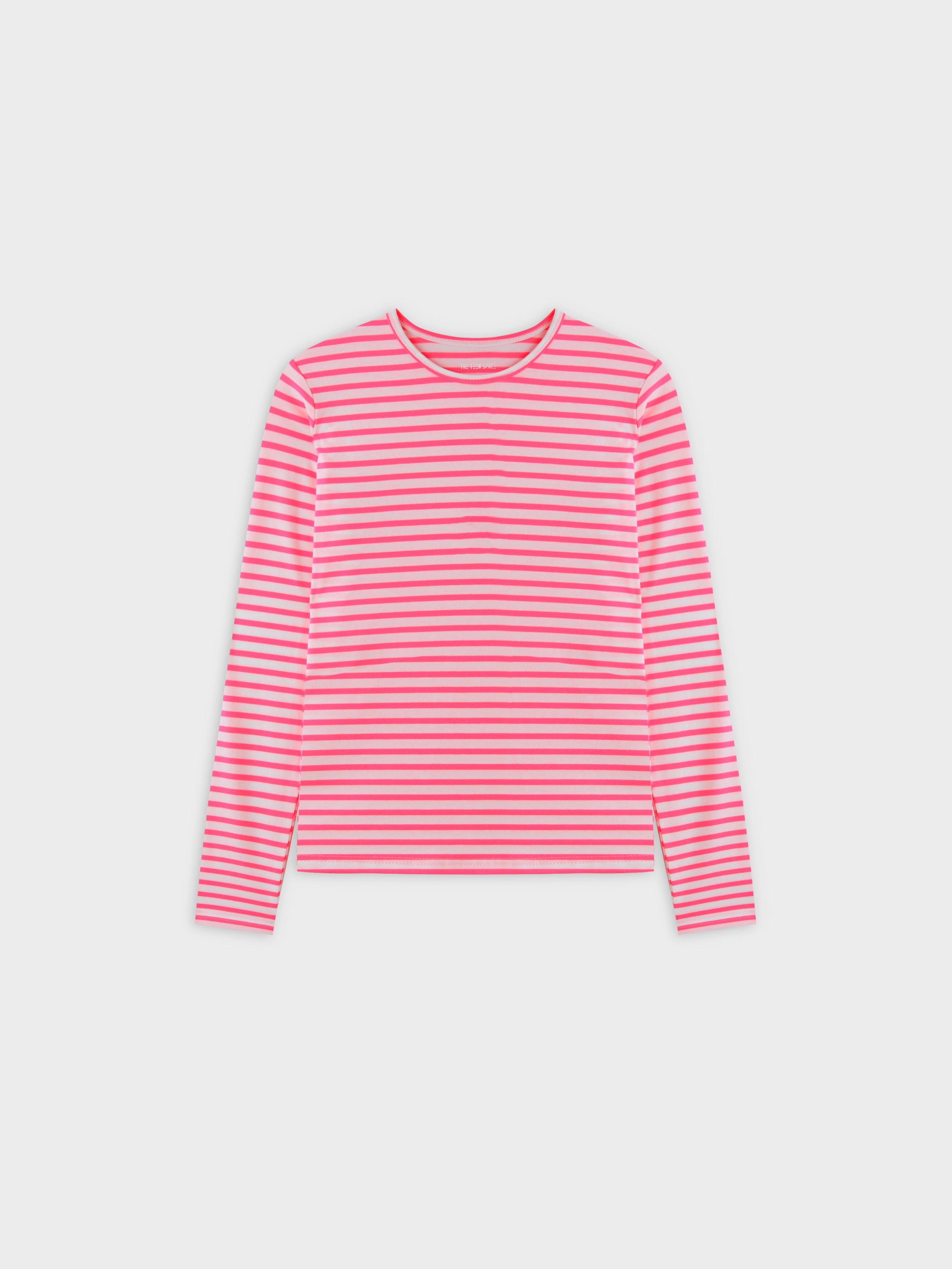 Camiseta con cuello redondo Neon Stripe-Rosa/Blanco