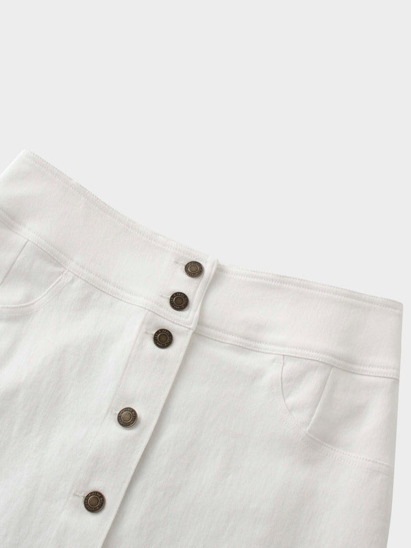 Button Down Denim Skirt-White