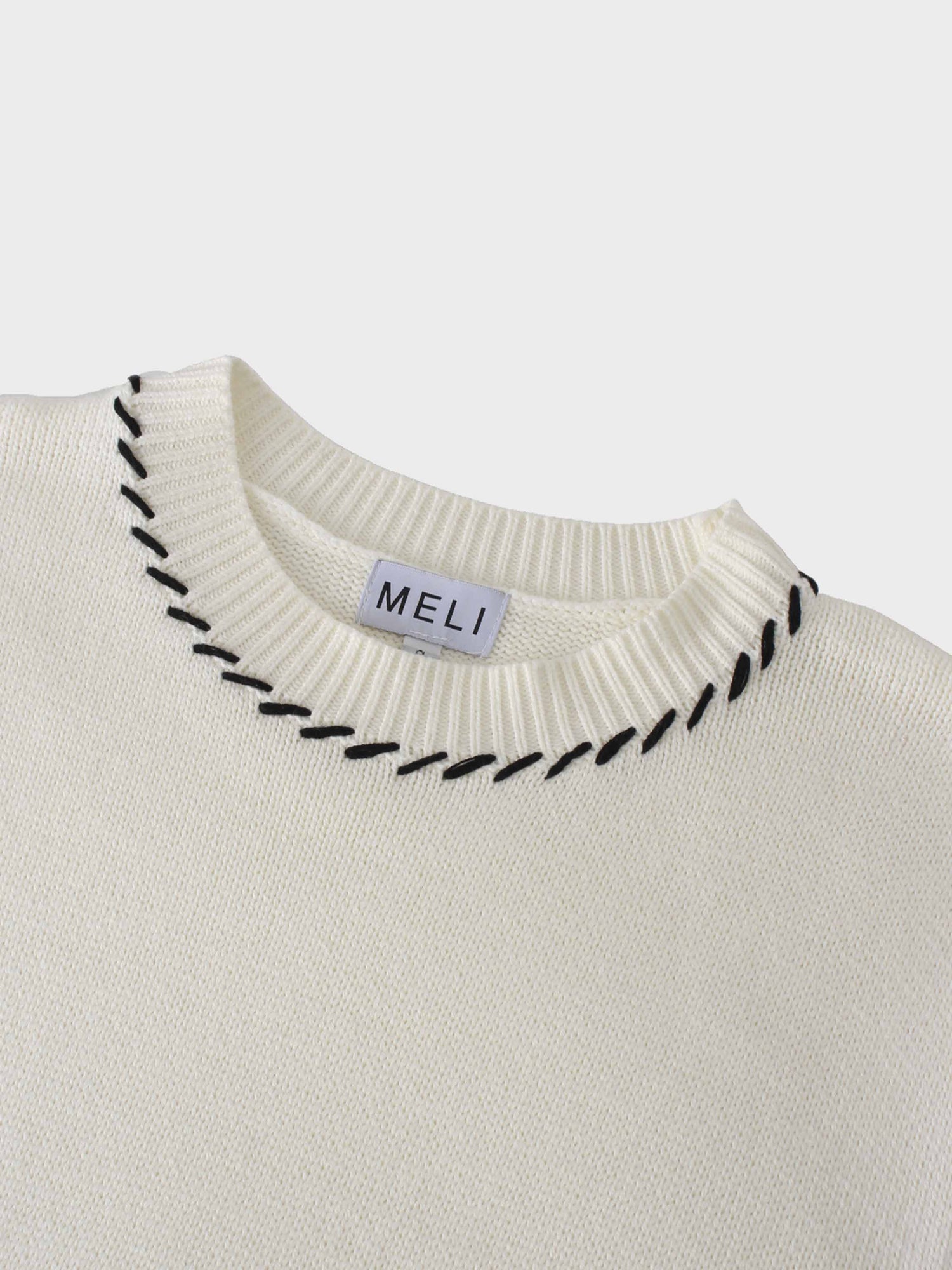 Overlock Stitch Sweater-Cream/Black