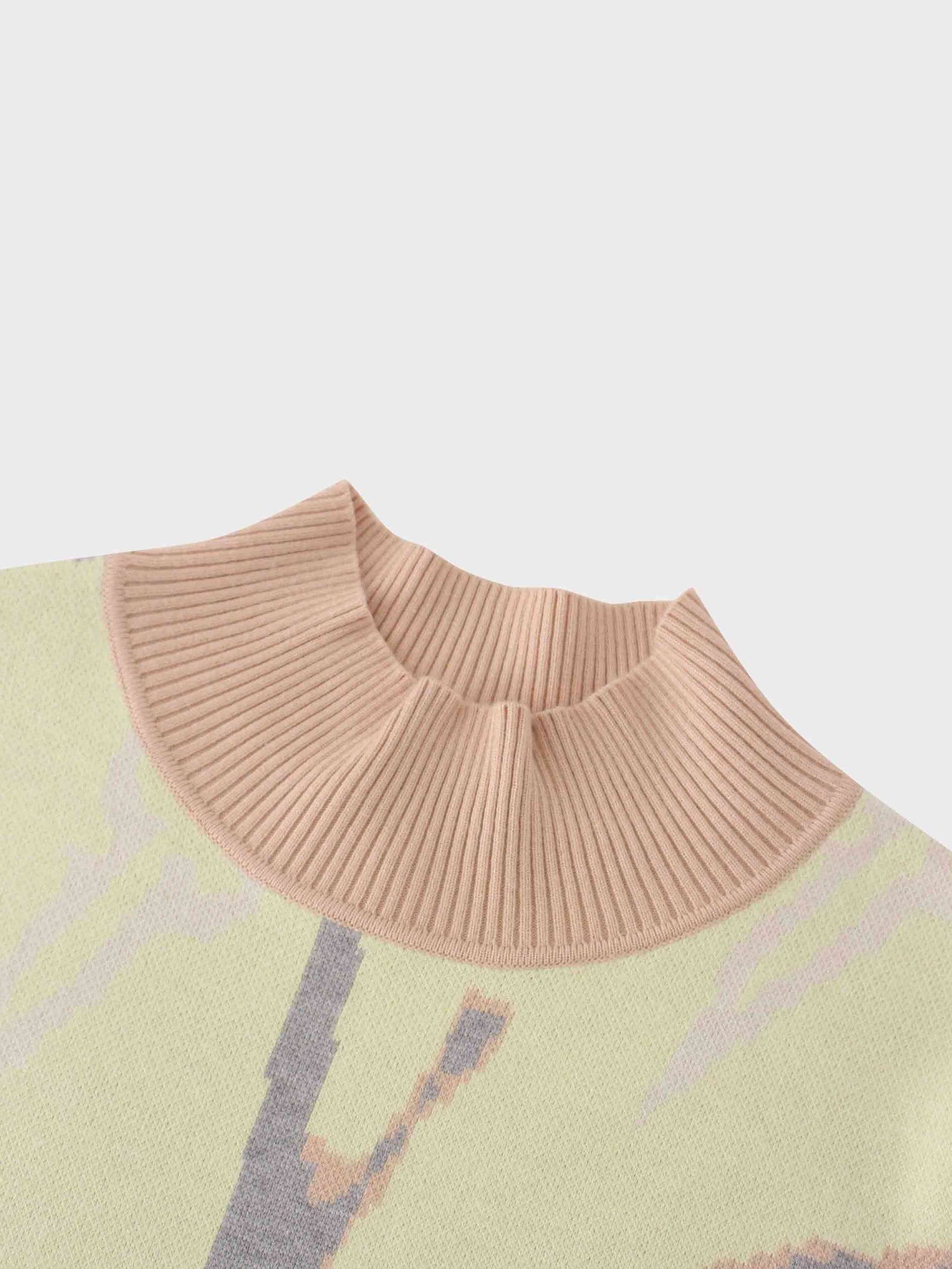 Printed Mock Neck Sweater-Grey/Peach/Yellow