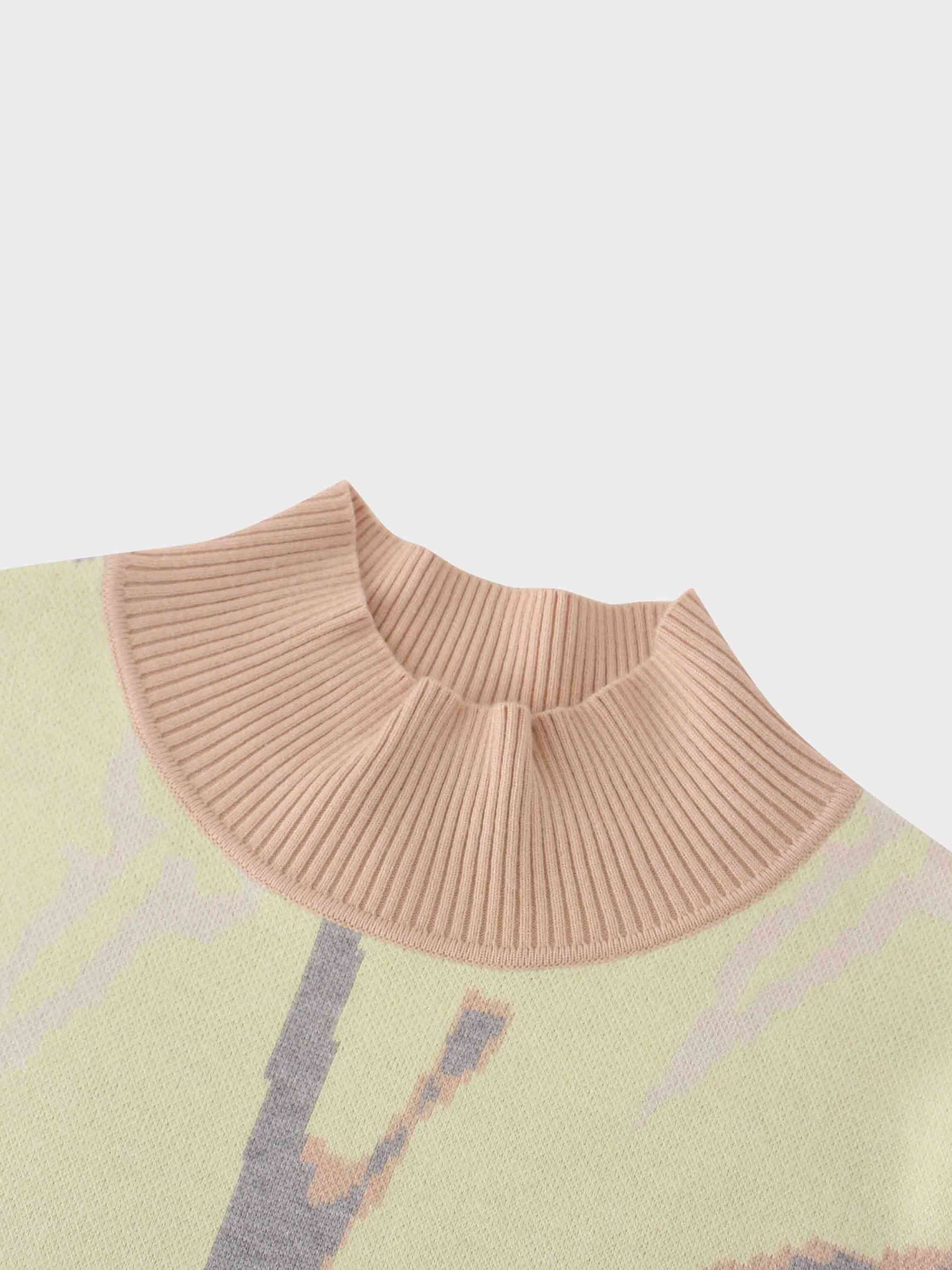 Printed Mock Neck Sweater-Grey/Peach/Yellow