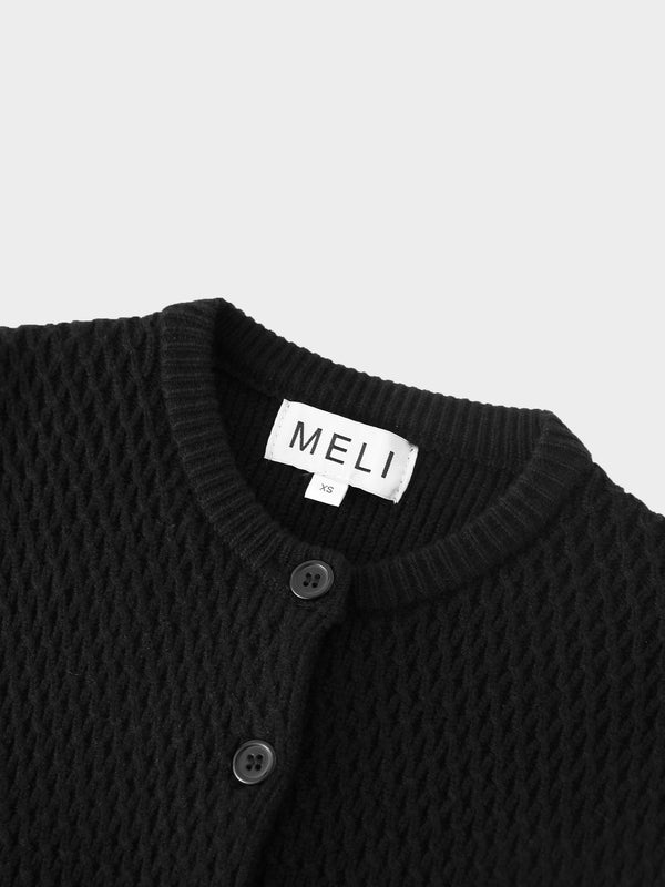 Textured Crew Cardigan-Black