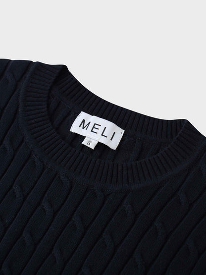 Crew Neck Cable Sweater-Navy