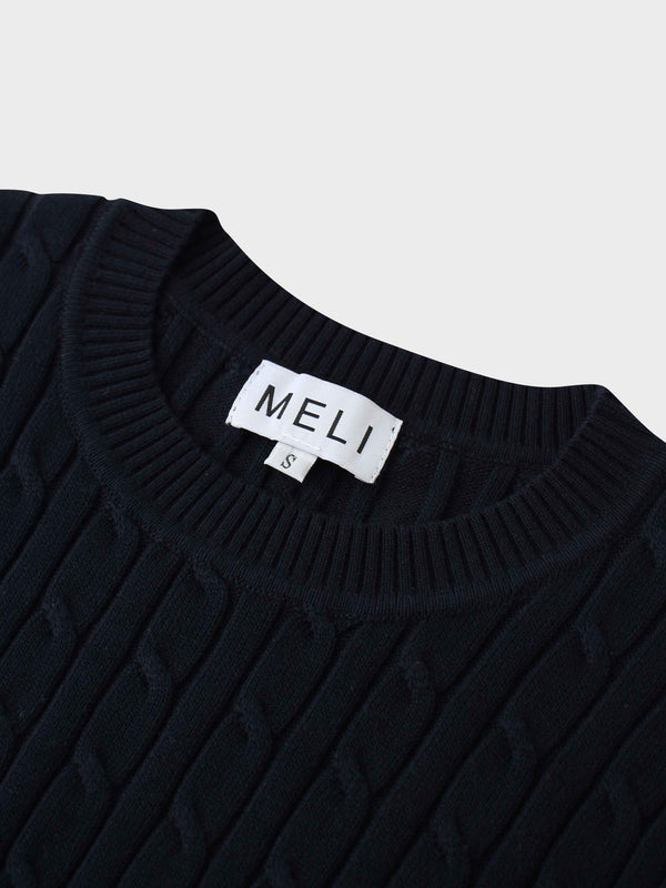 Crew Neck Cable Sweater-Navy
