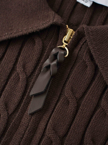Leather Pull Half Zip Cable Polo-Brown