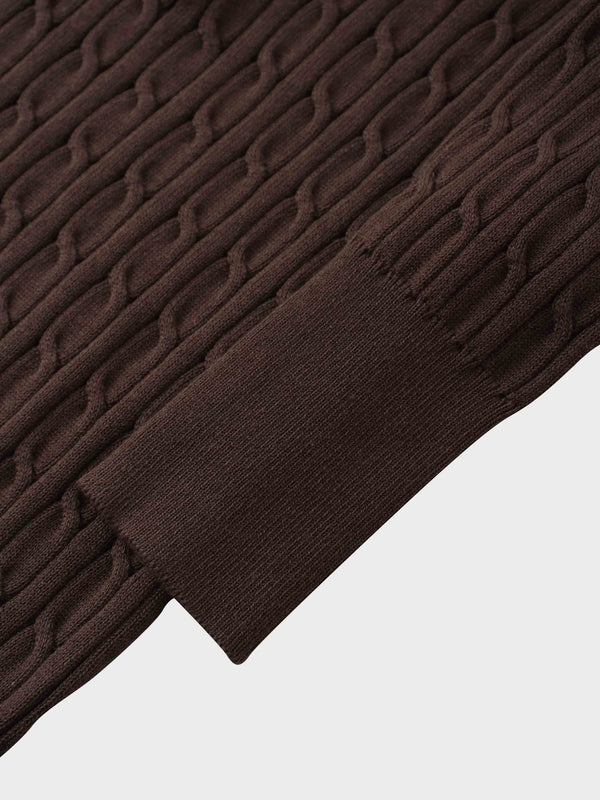 Leather Pull Half Zip Cable Polo-Brown