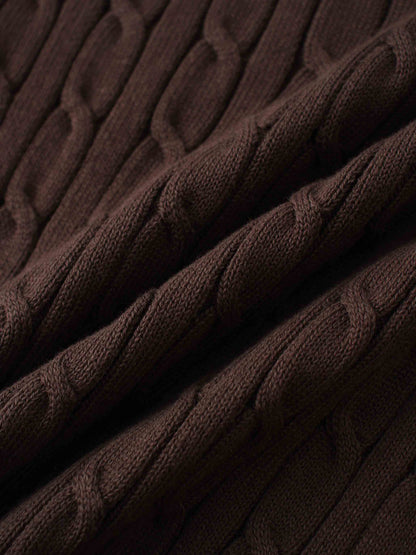 Leather Pull Half Zip Cable Polo-Brown
