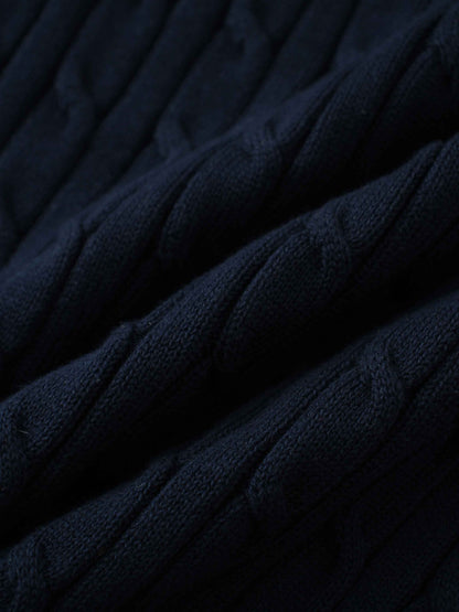 Leather Pull Half Zip Cable Polo-Navy
