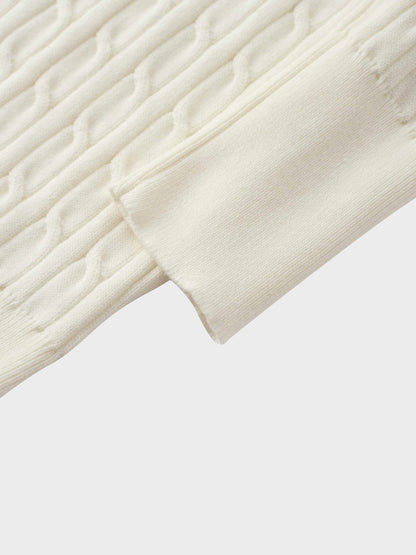 Leather Pull Half Zip Cable Polo-Ivory