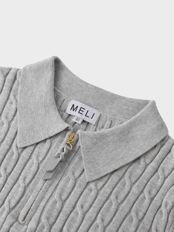 Leather Pull Half Zip Cable Polo-Heathered Grey