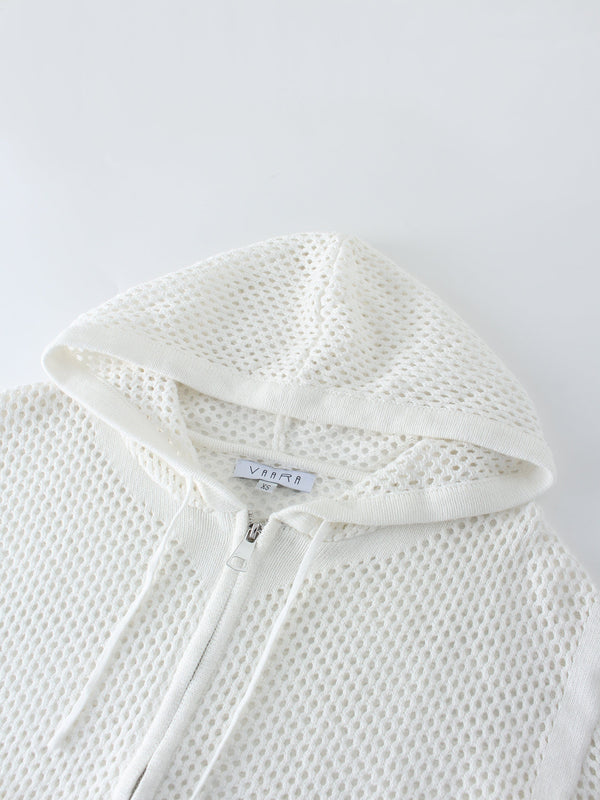 Zip Up Crochet Hoodie-White